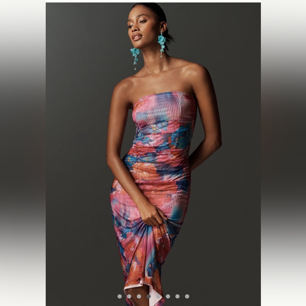 Anthropologie Strapless Multicolor Abstract Midi Dress